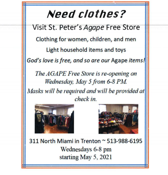 The St. Peter's AGAPE Free Store is re-opening Wednesday, May 5 th