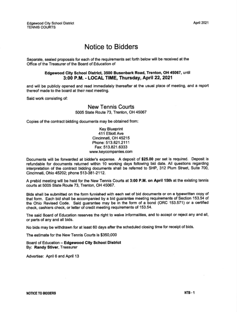 Edgewood City Schools is seeking bidders for tennis courts renovation