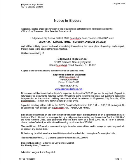 Edgewood City Schools is seeking bidders for Edgewood High School CCTV Security System