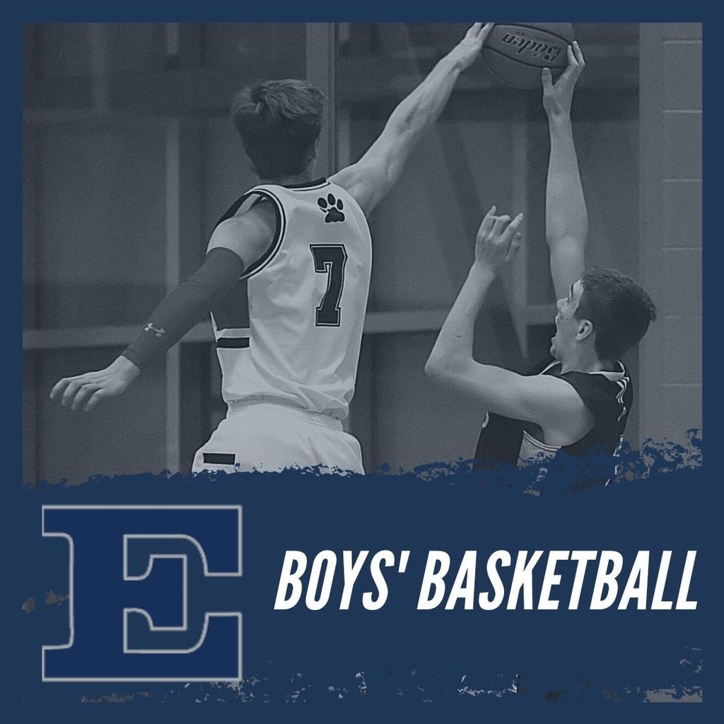 boys basketball with photo of two boys playing basketball and the block E 