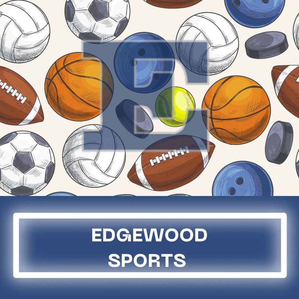 Block e with graphic of various sports balls and hte words edgewood sports 