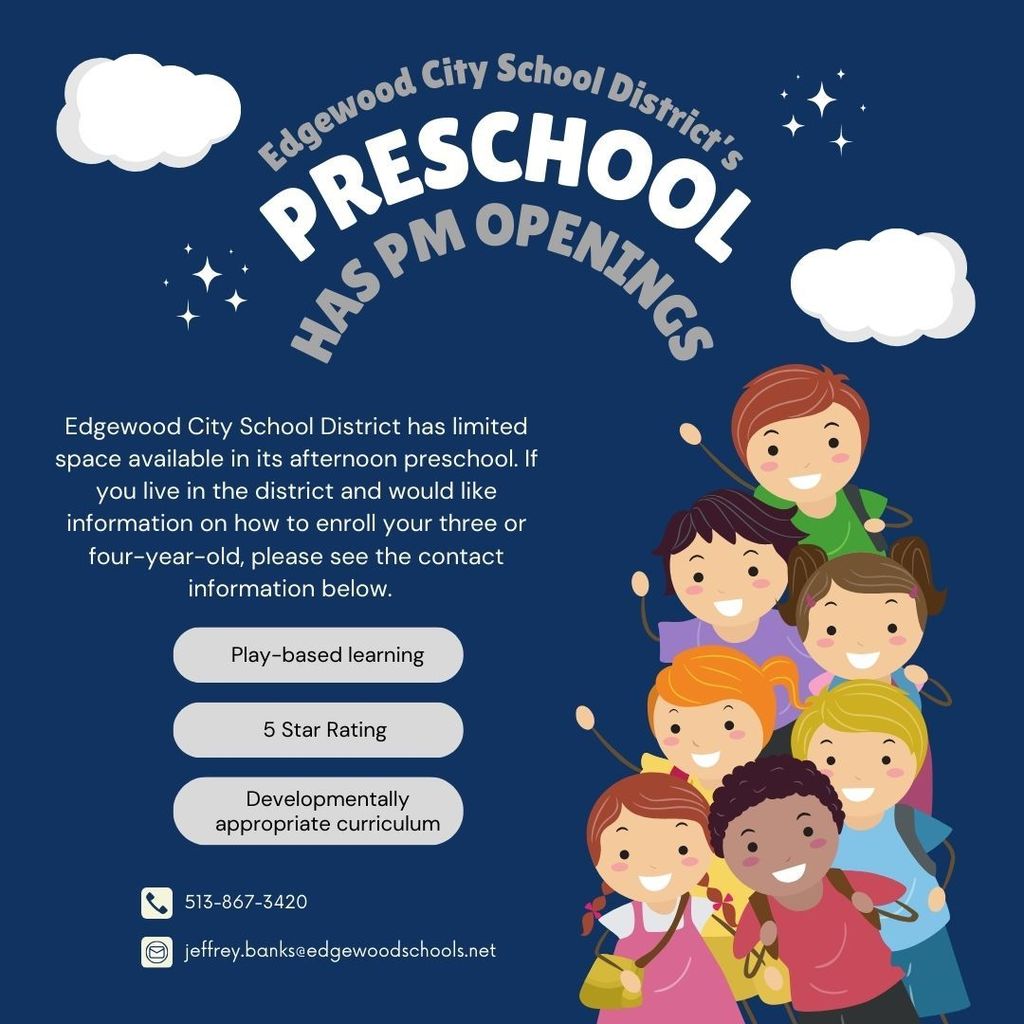 EECC has preschoool afternoon openings call 513-867-3420  three and four year olds, grapchi with info and pic of children and clouds and stars 