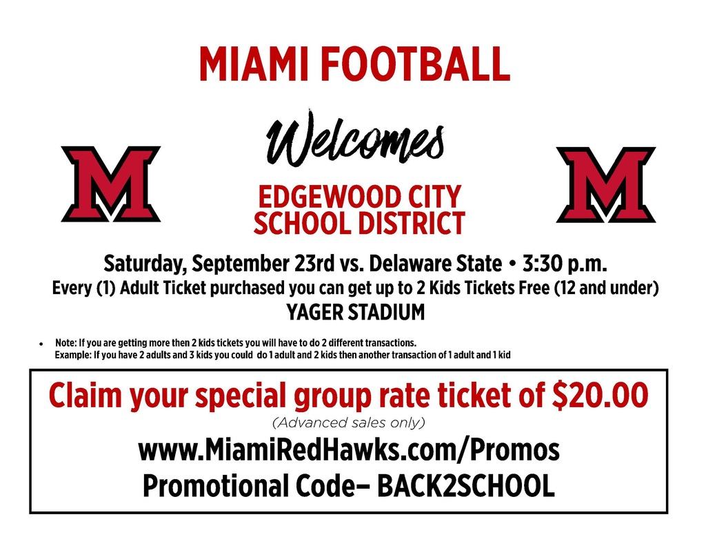 graphic with info to contact miamiredhawks.com/promos to get special priced tickets for Miami game Sept 23 3:30 pm. buy 1 adult ticket get 2 kids free. 